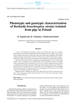 Phenotypic and Genotypic Characterization of Bordetella Bronchiseptica Strains Isolated from Pigs in Poland