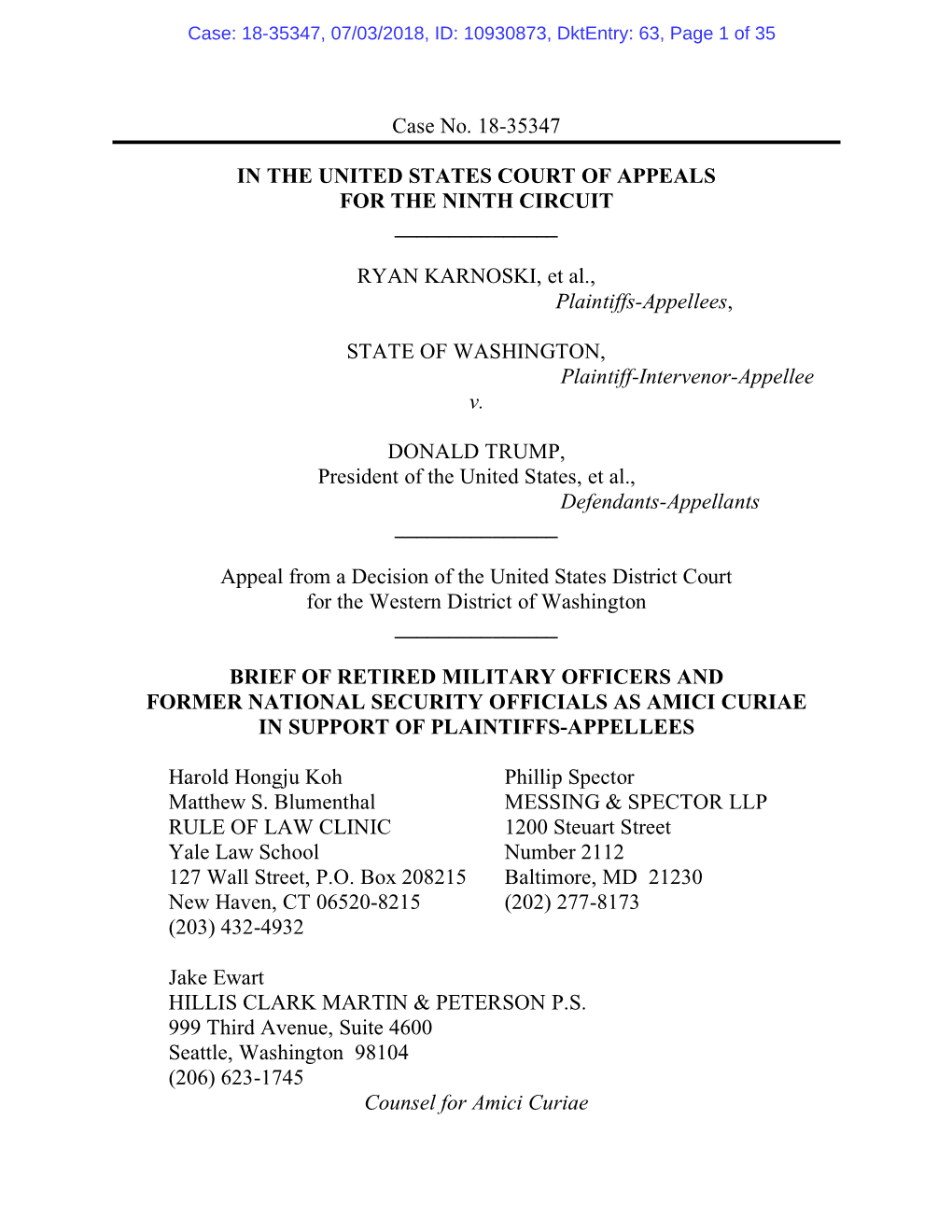 Case No. 18-35347 in the UNITED STATES COURT of APPEALS for the NINTH CIRCUIT RYAN KARNOSKI, Et Al., Plaintiffs