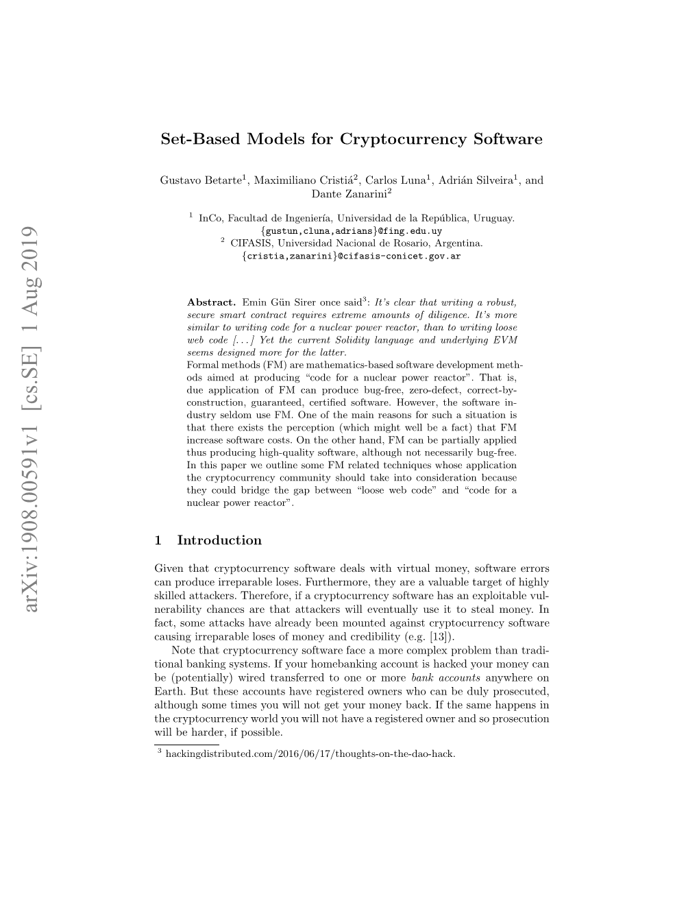 Set-Based Models for Cryptocurrency Software