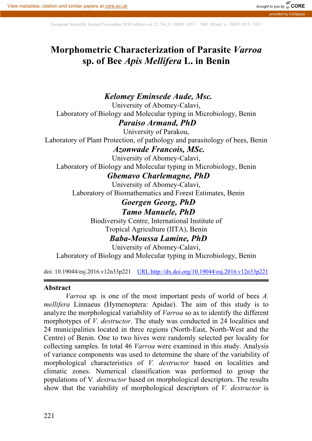 Morphometric Characterization of Parasite Varroa Sp. of Bee Apis Mellifera L