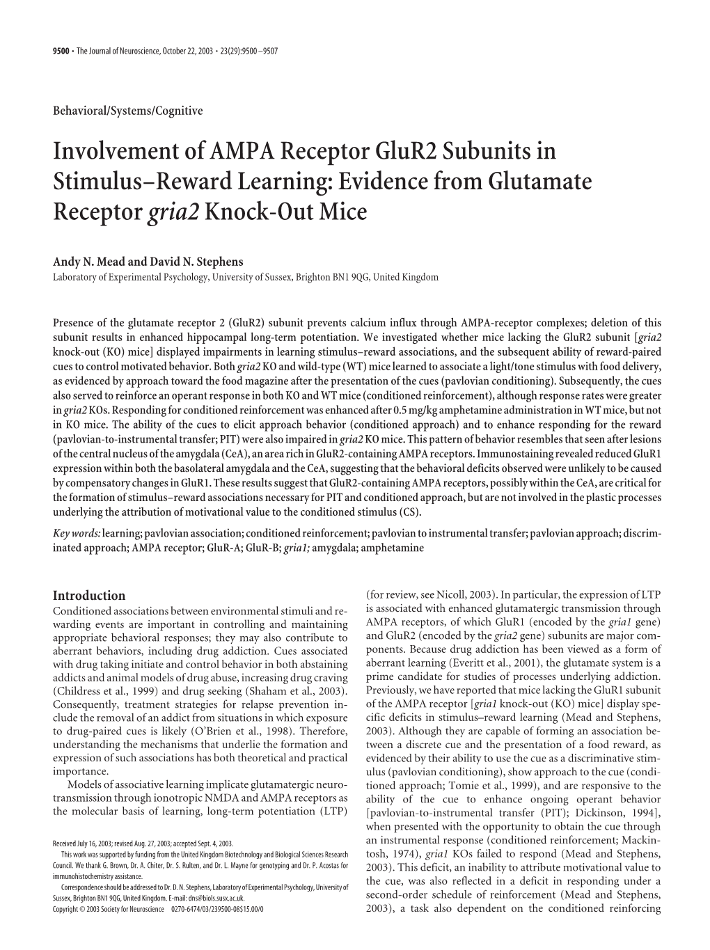 Involvement of AMPA Receptor Glur2 Subunits in Stimulus–Reward Learning: Evidence from Glutamate Receptor Gria2 Knock-Out Mice
