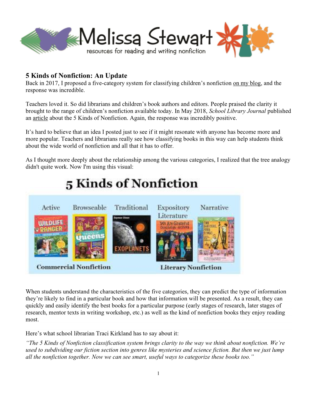 5 Kinds of Nonfiction: an Update Back in 2017, I Proposed a Five-Category System for Classifying Children’S Nonfiction on My Blog, and the Response Was Incredible