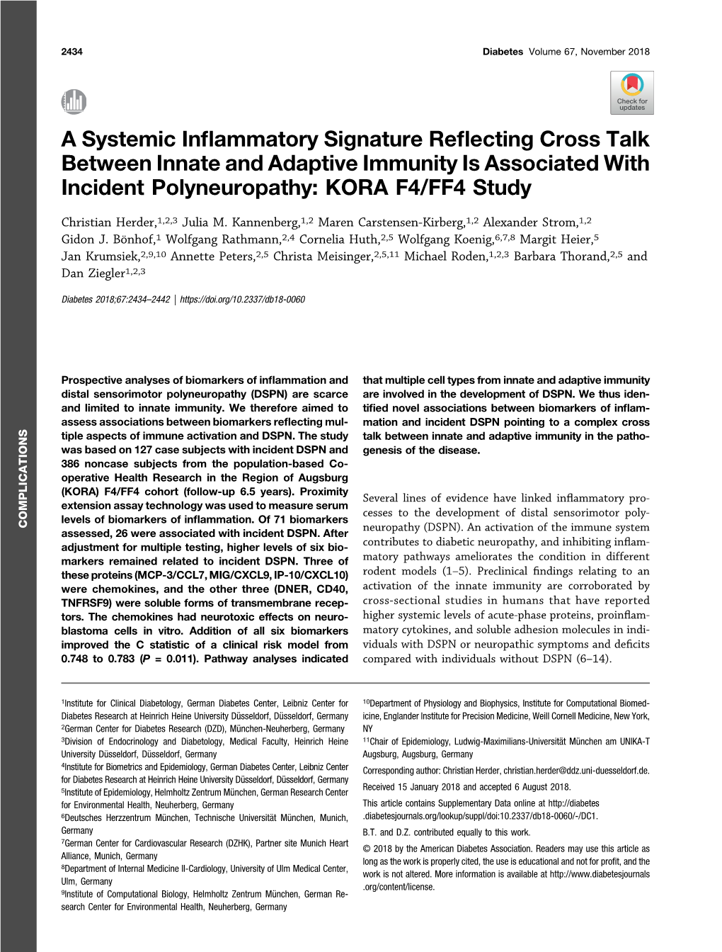 A Systemic Inflammatory Signature Reflecting Cross Talk Between