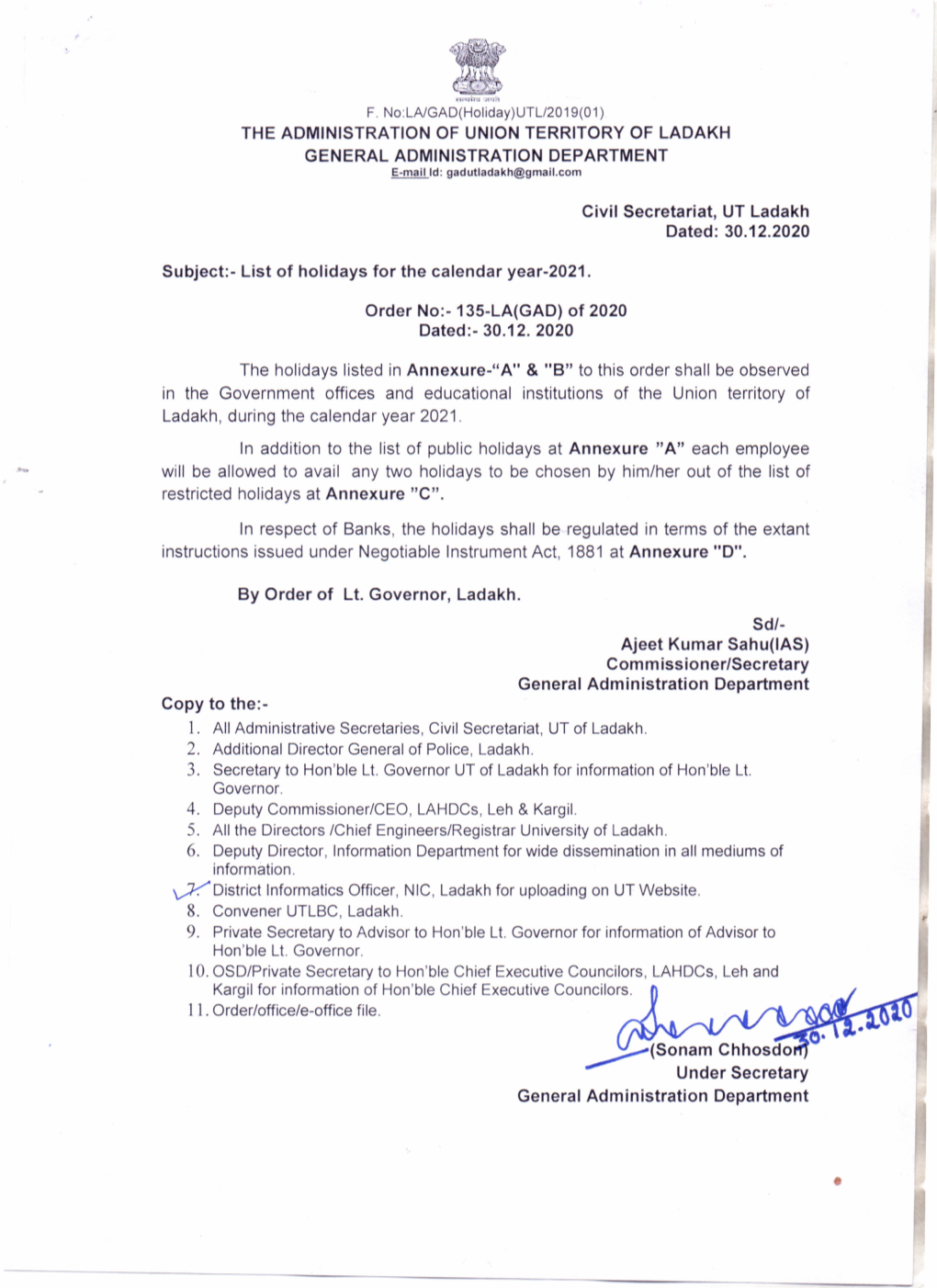 THE ADMINISTRATION of UNION TERRITORY of LADAKH GENERAL ADMINISTRATION DEPARTMENT E-Mailld:Gadutladakh@Gmail.Com