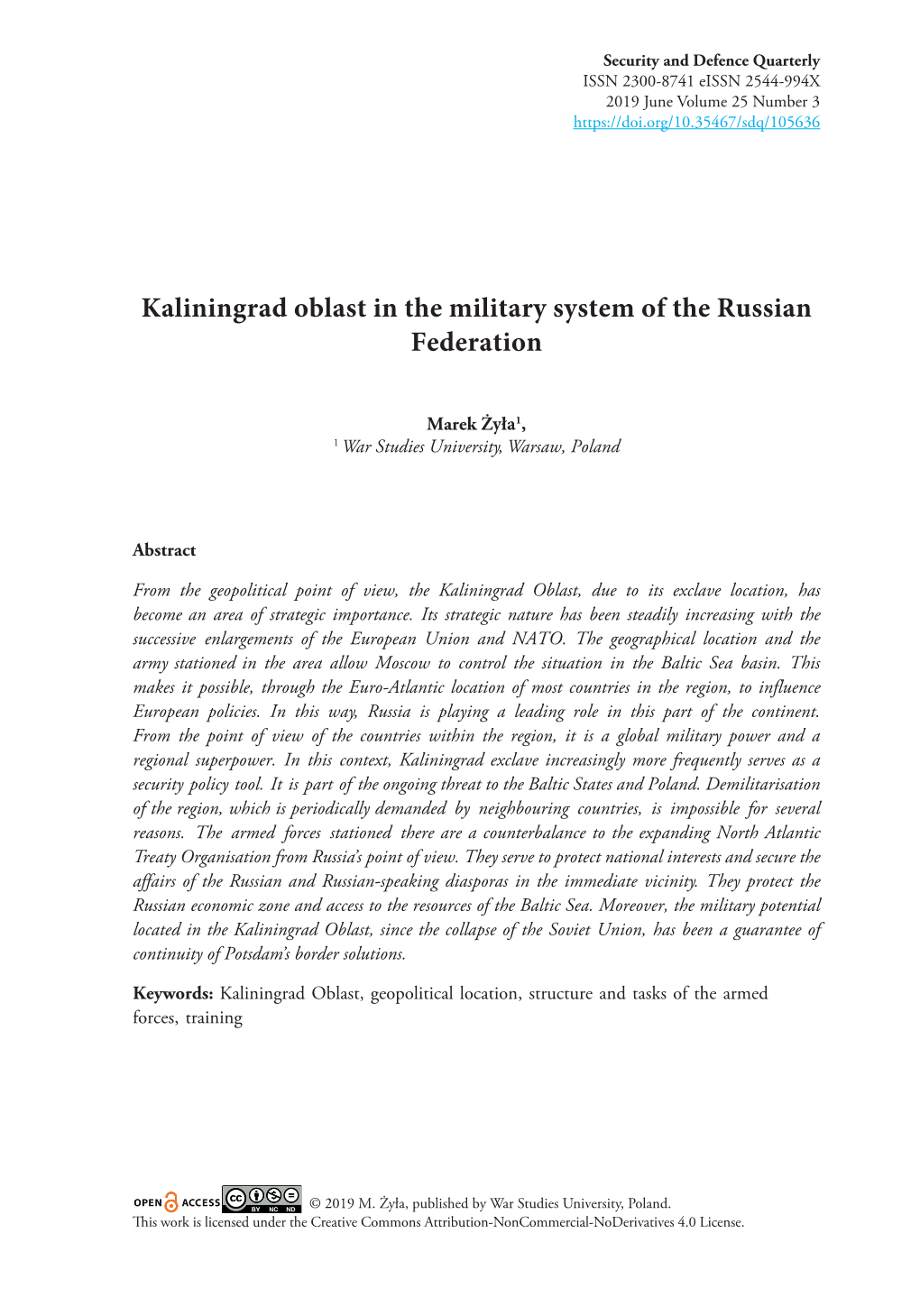 Kaliningrad Oblast in the Military System of the Russian Federation