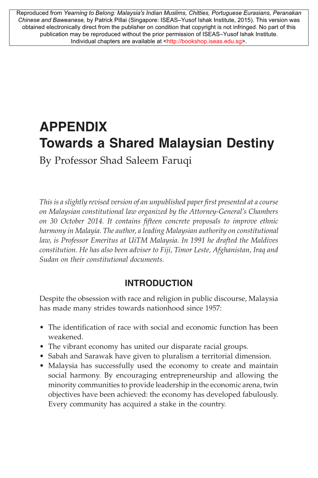 APPENDIX Towards a Shared Malaysian Destiny by Professor Shad Saleem Faruqi