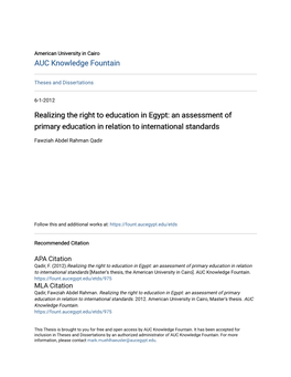 Realizing the Right to Education in Egypt: an Assessment of Primary Education in Relation to International Standards
