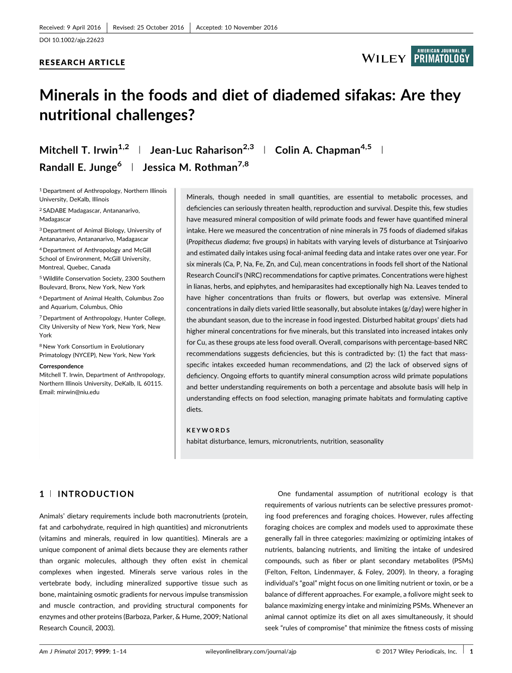 Minerals in the Foods and Diet of Diademed Sifakas: Are They Nutritional Challenges?