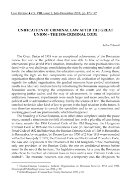 Unification of Criminal Law After the Great Union – the 1936 Criminal Code