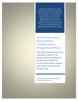 2016 KATH George C. Herring History Graduate Student Writing Award Winner