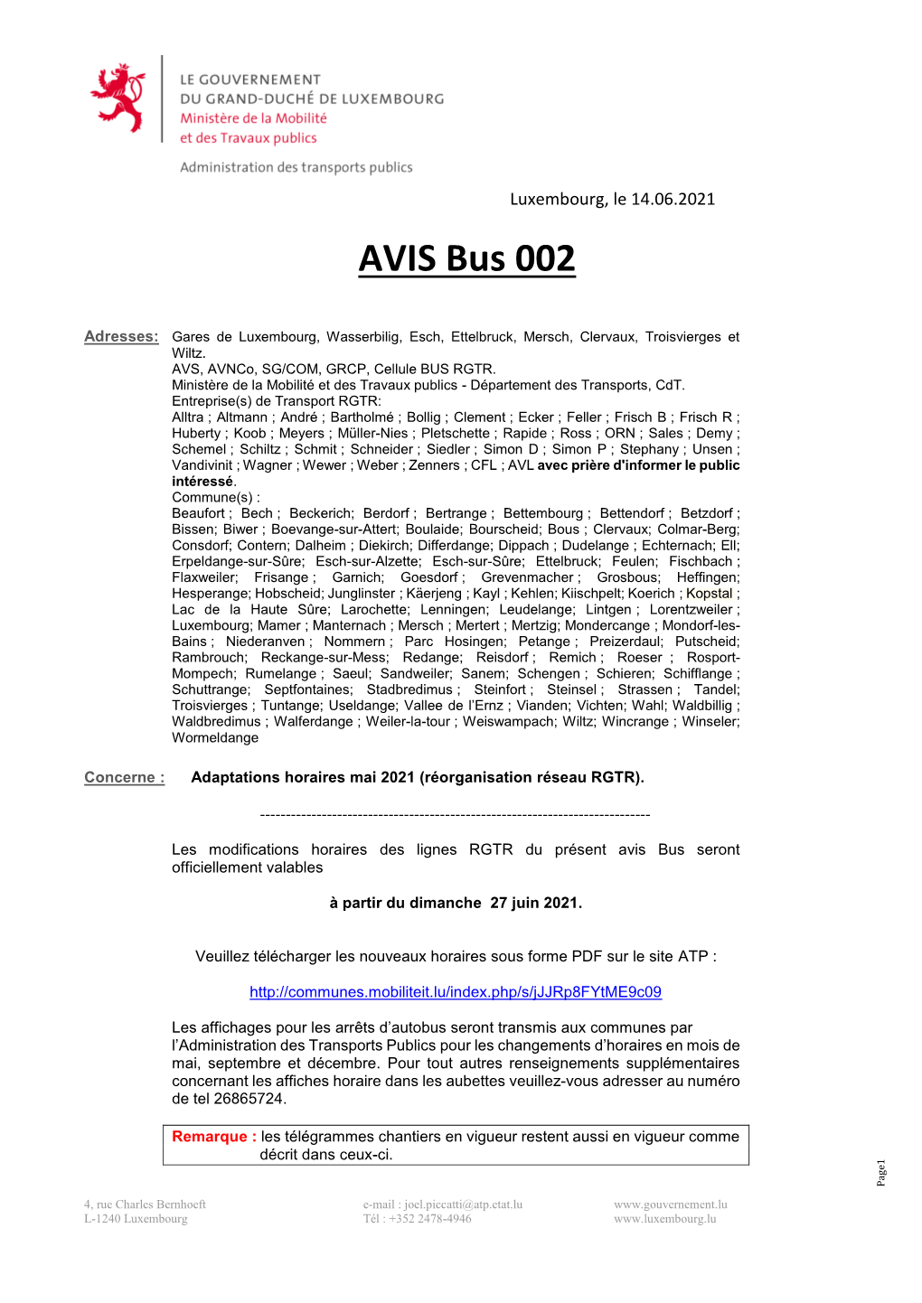 Adaptations Horaires Mai 2021 – Réorganisation Réseau RGTR