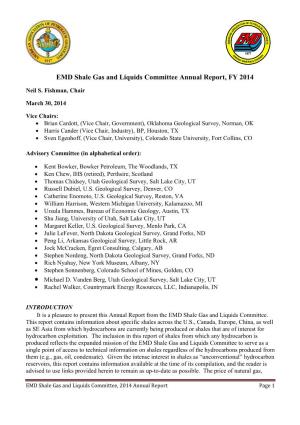 EMD Shale Gas and Liquids Committee Annual Report, FY 2014