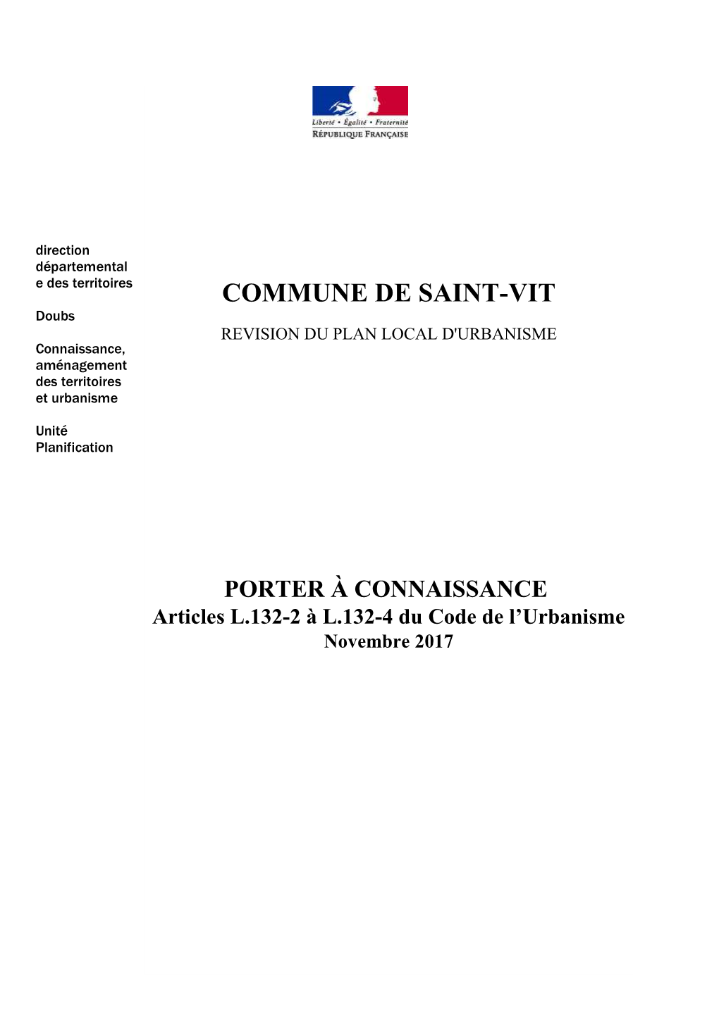 COMMUNE DE SAINT-VIT Doubs REVISION DU PLAN LOCAL D'urbanisme Connaissance, Aménagement Des Territoires Et Urbanisme