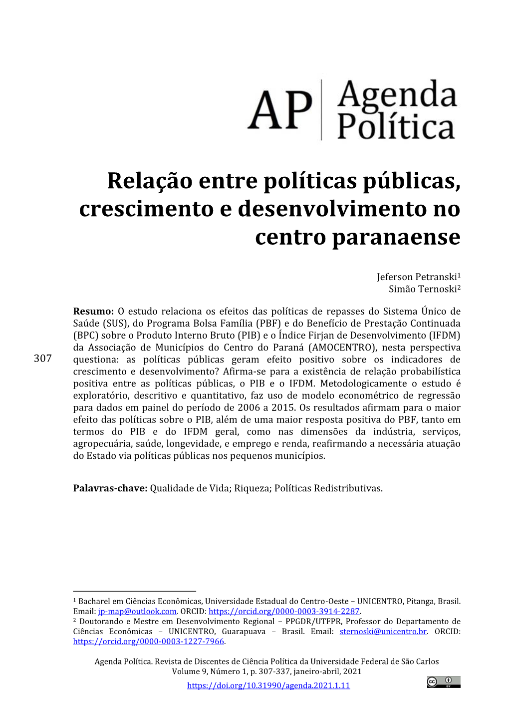 Relação Entre Políticas Públicas, Crescimento E Desenvolvimento No Centro Paranaense