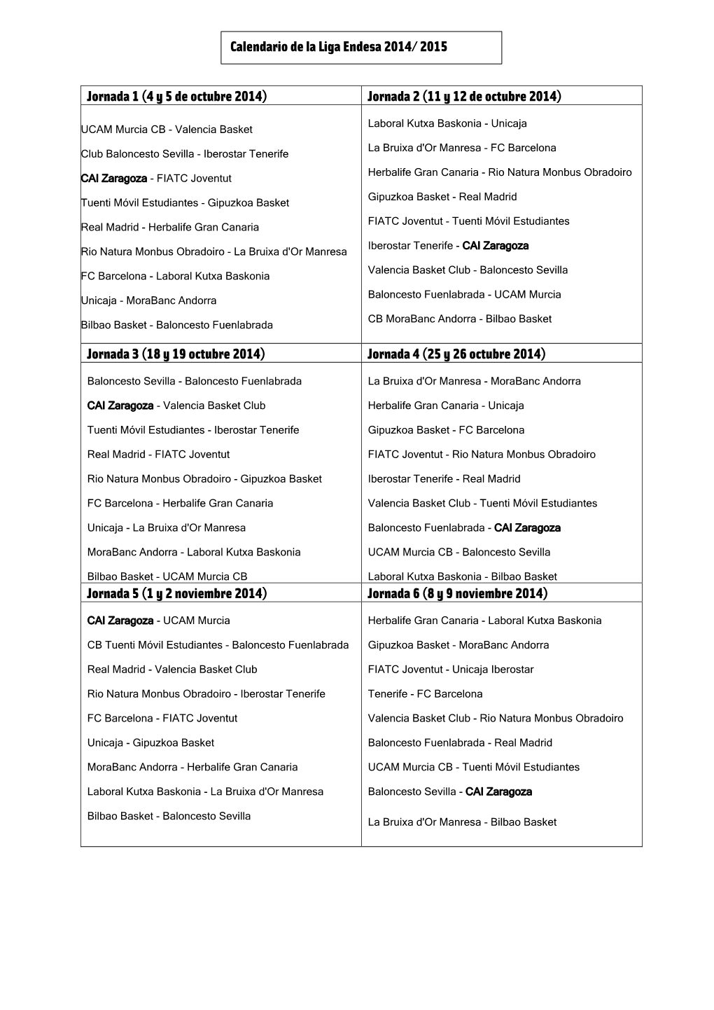 Jornada 1 (4 Y 5 De Octubre 2014) Jornada 2 (11 Y 12 De Octubre 2014)