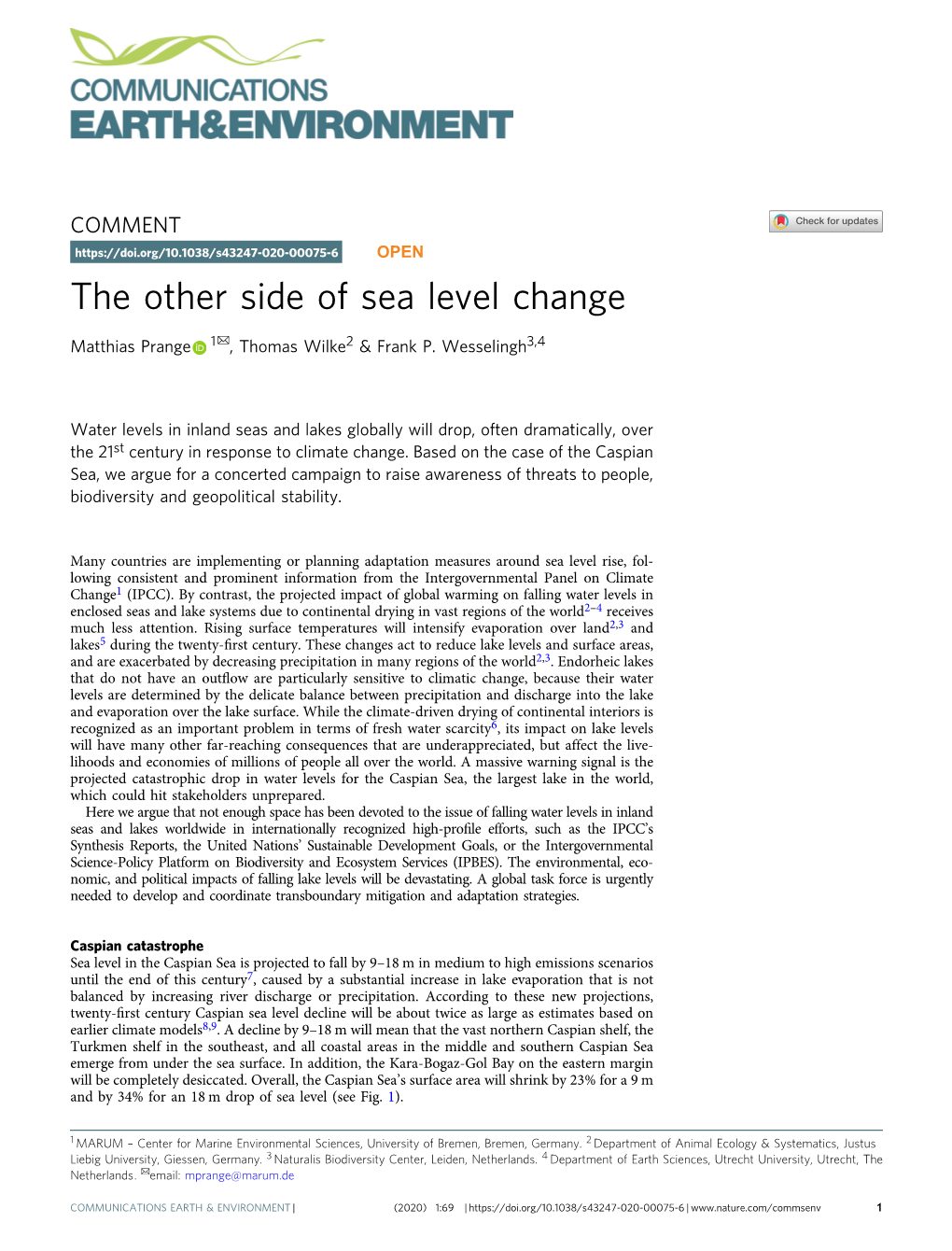 The Other Side of Sea Level Change ✉ Matthias Prange 1 , Thomas Wilke2 & Frank P