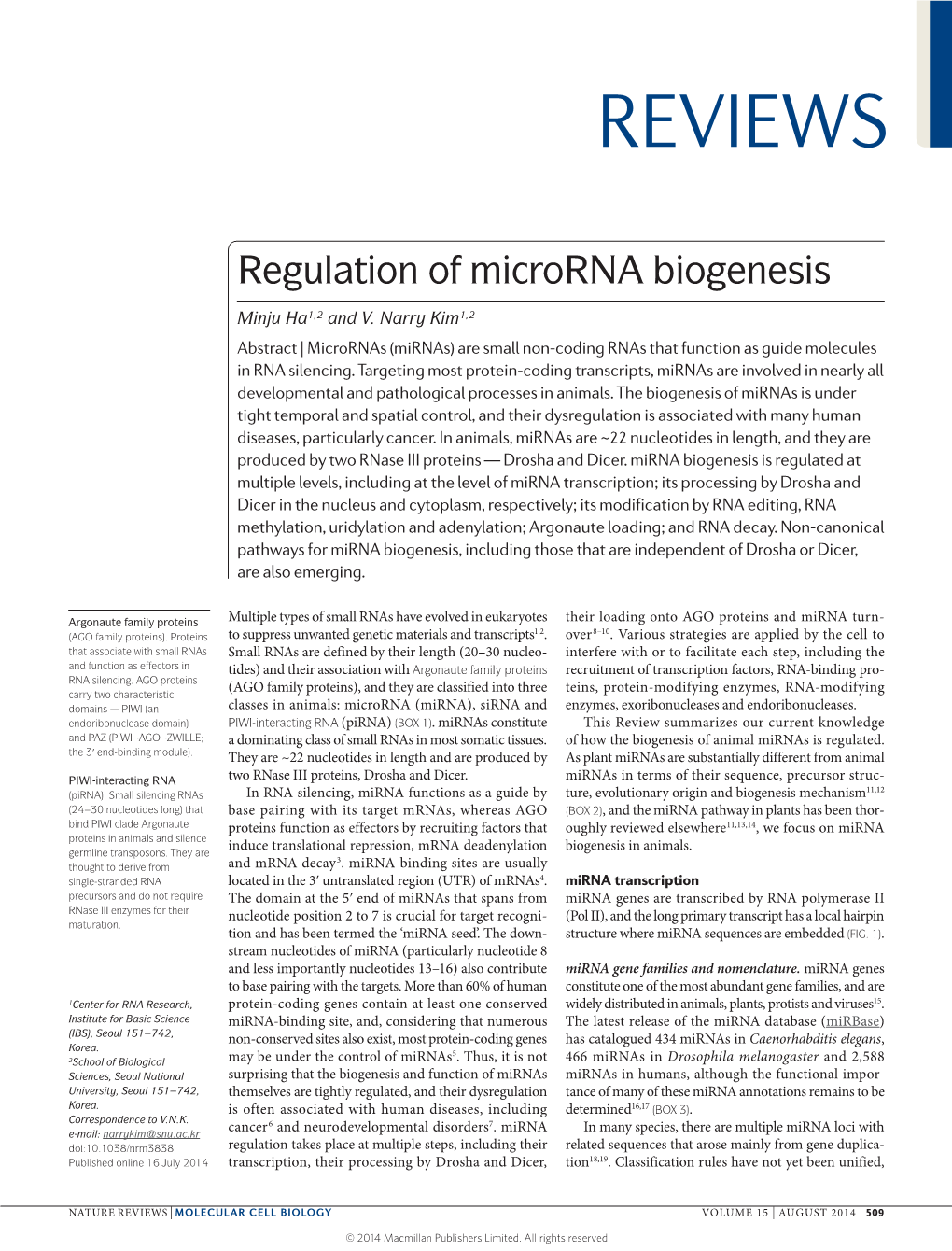 Regulation of Microrna Biogenesis