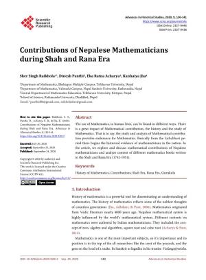 Contributions of Nepalese Mathematicians During Shah and Rana Era