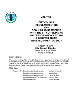 Minutes City Council Regular Meeting and Regular Joint