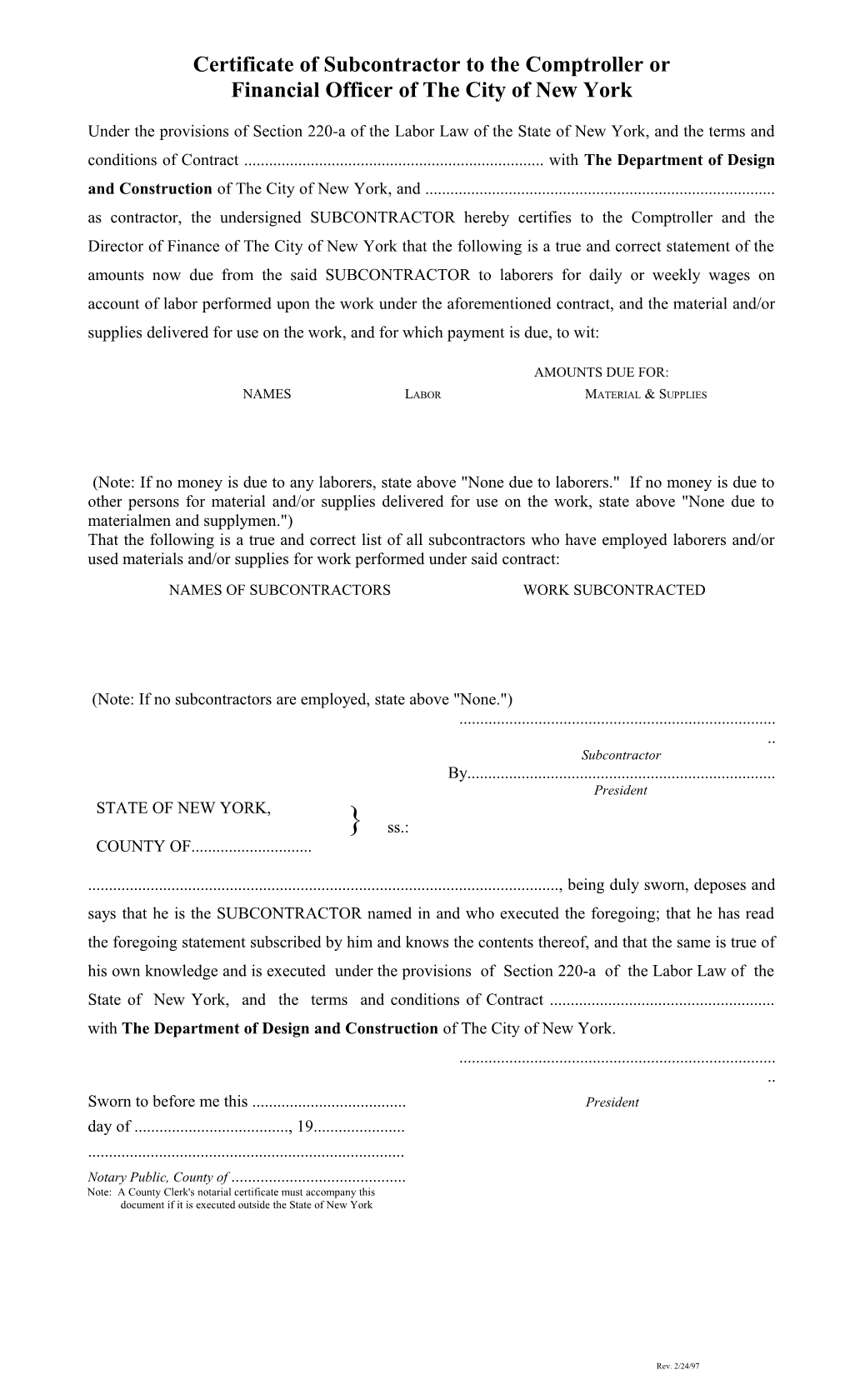 Subcontractor Comptroller's Certificate (8 1/2 X 14)