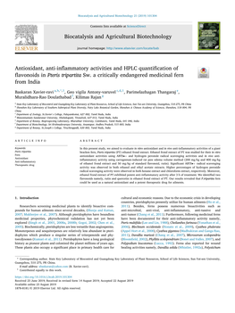 Antioxidant, Anti-Inflammatory Activities and HPLC Quantification of Flavonoids in Pteris Tripartita Sw