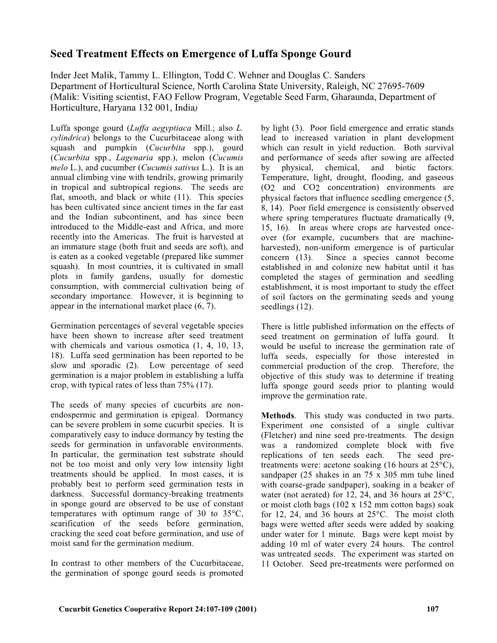 Seed Treatment Effects on Emergence of Luffa Sponge Gourd