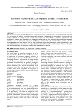 Blechnum Orientale Linn.: an Important Edible Medicinal Fern