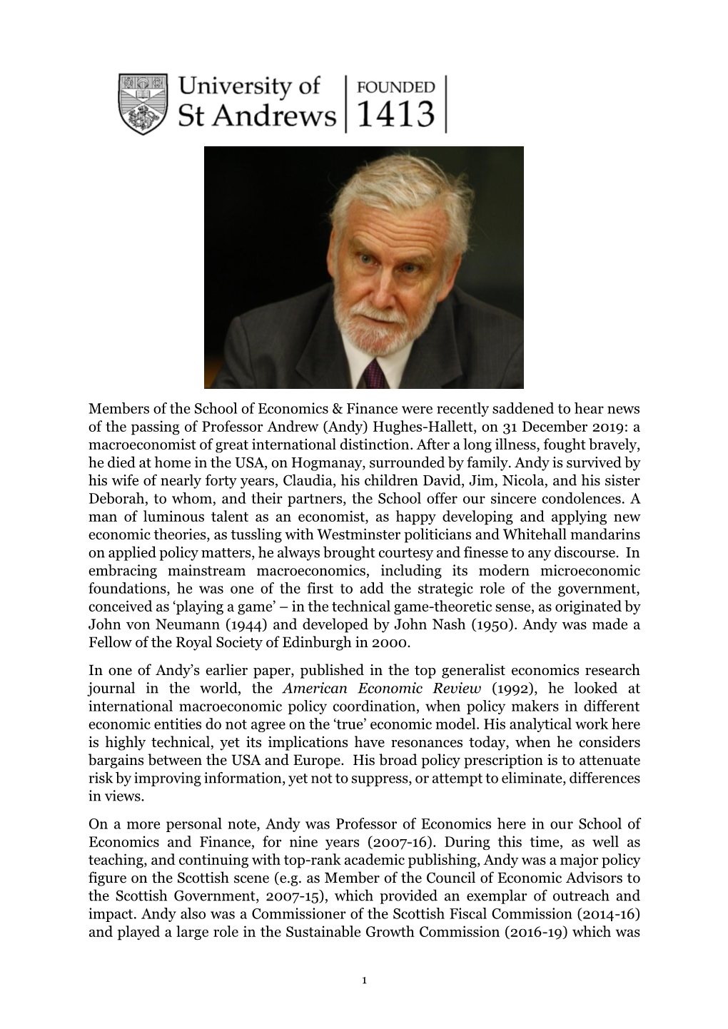 Members of the School of Economics & Finance Were Recently Saddened to Hear News of the Passing of Professor Andrew (Andy) H