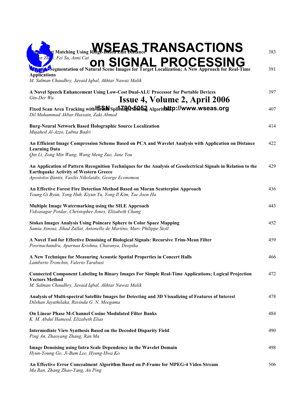 WSEAS Trans. on SIGNAL PROCESSING, April 2006