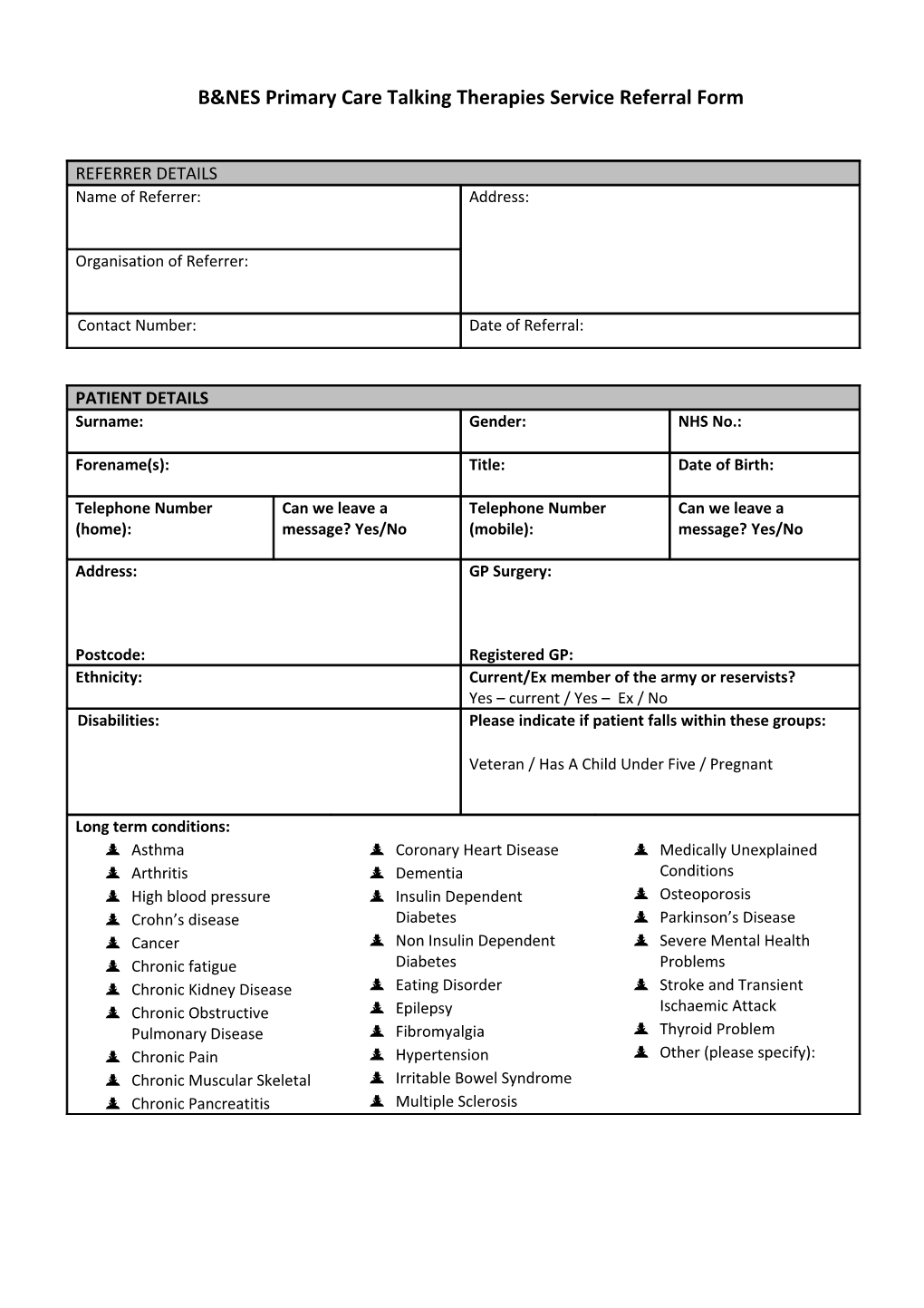 B&NES Primary Care Talking Therapies Service Referral Form