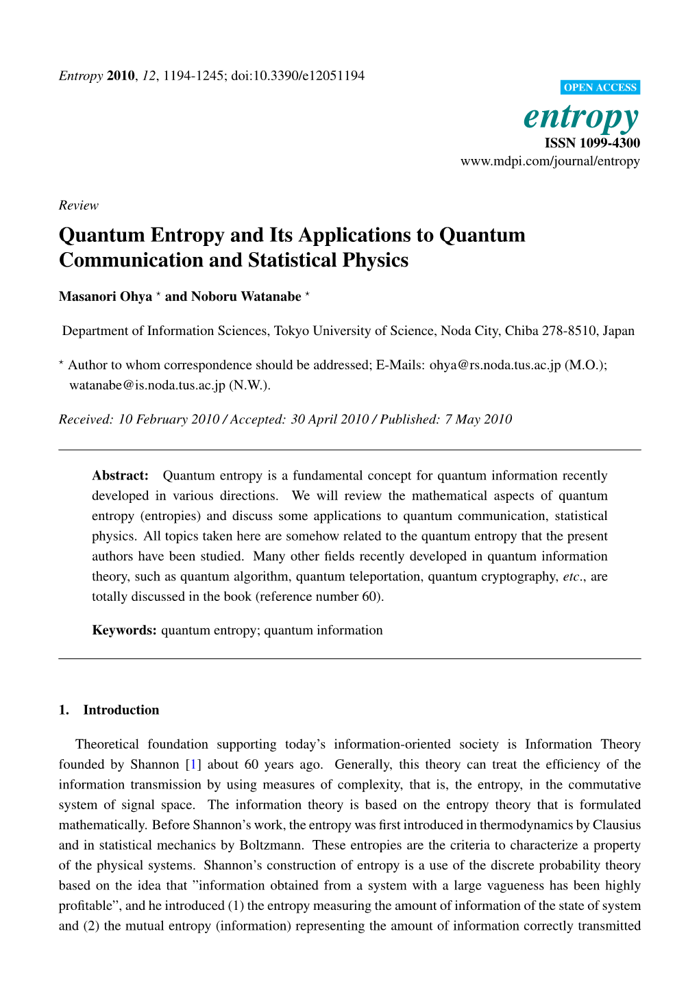 Quantum Entropy and Its Applications to Quantum Communication and Statistical Physics