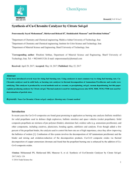 Synthesis of Cu-Chromite Catalyzer by Citrate Sol-Gel