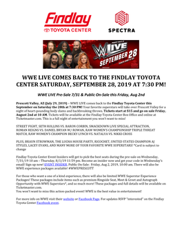 Wwe Live Comes Back to the Findlay Toyota Center Saturday, September 28, 2019 at 7:30 Pm!