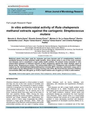 Ruta Chalepensis Methanol Extracts Against the Cariogenic Streptococcus Mutans