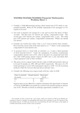 MAS362/MAS462/MAS6053 Financial Mathematics Problem Sheet 1