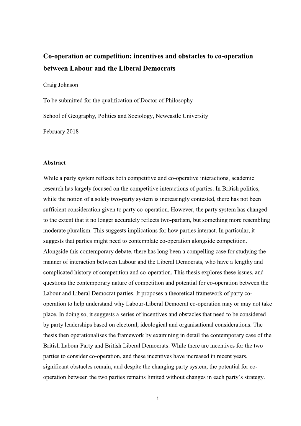 Incentives and Obstacles to Co-Operation Between Labour and the Liberal Democrats