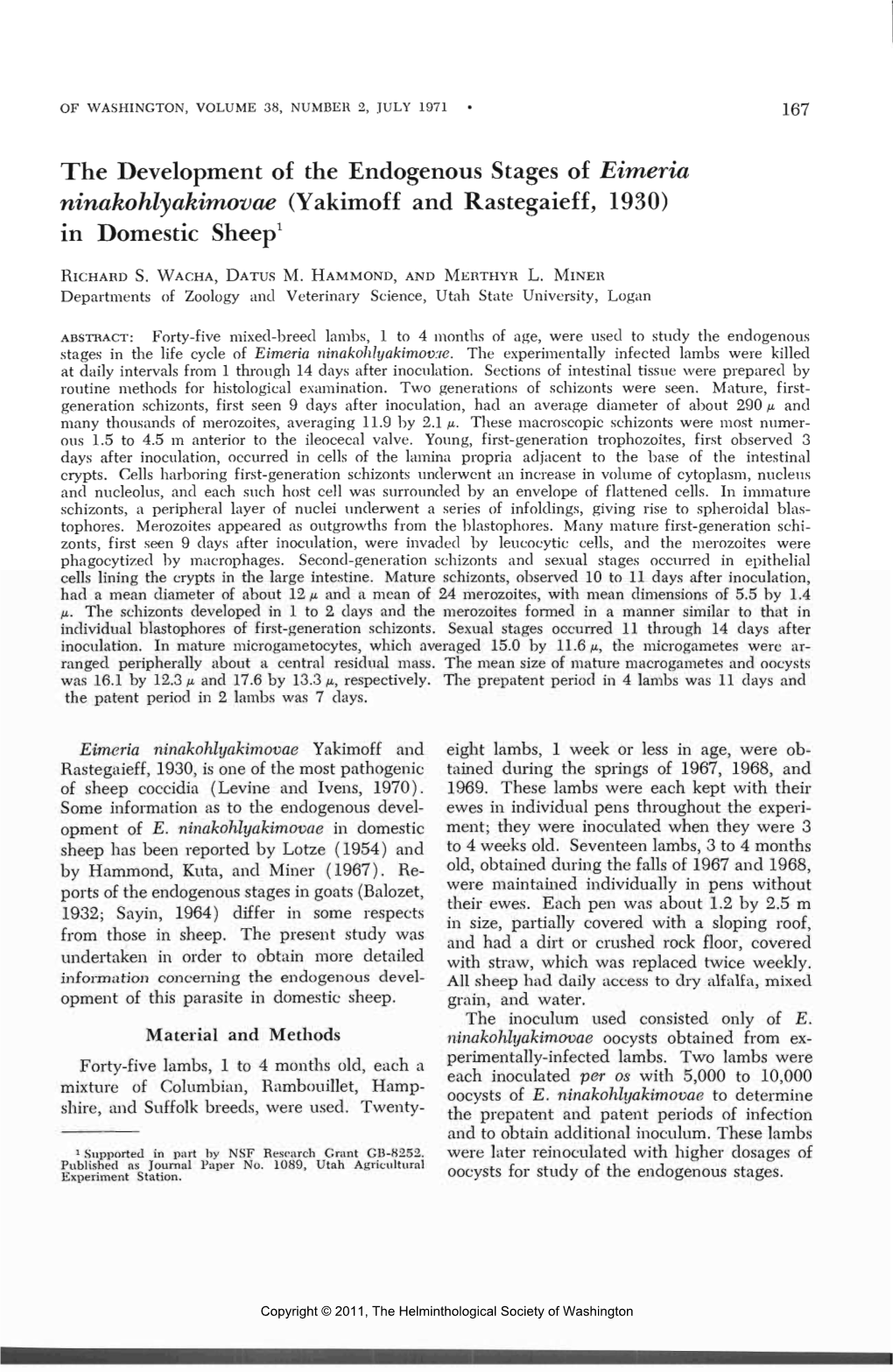 The Development of the Endogenous Stages of Eimeria Ninakohlyakimovae (Yakimoff and Rastegaieff, 1930) in Domestic Sheep1