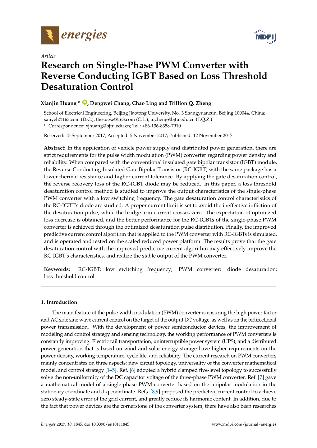 Research on Single-Phase PWM Converter with Reverse Conducting IGBT Based on Loss Threshold Desaturation Control