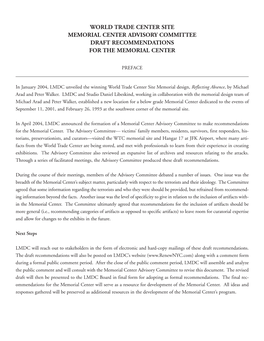 World Trade Center Site Memorial Center Advisory Committee Draft Recommendations for the Memorial Center