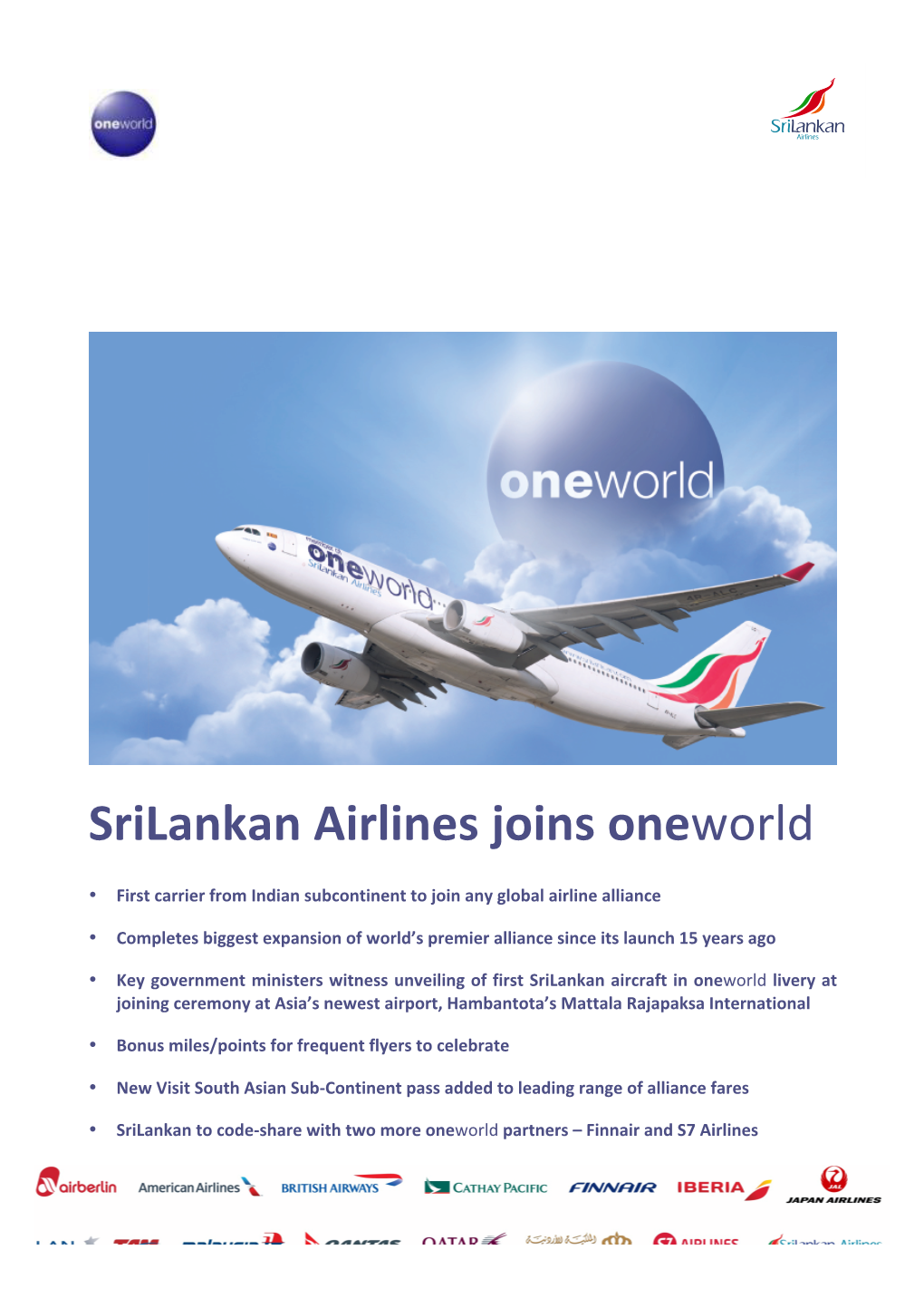 Srilankan Airlines Joins Oneworld