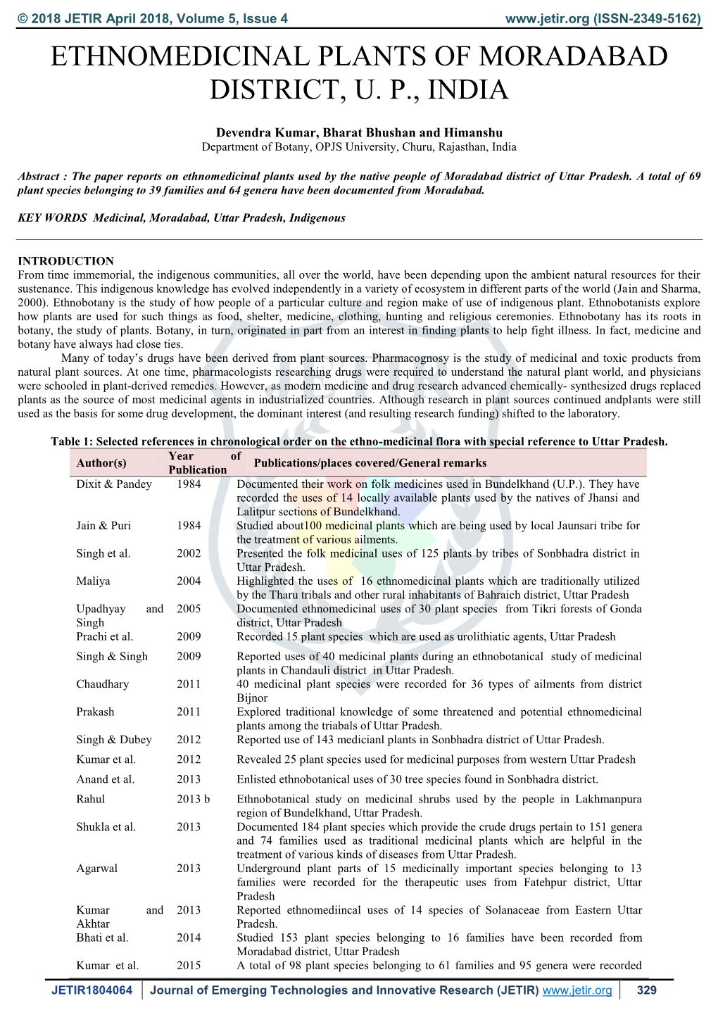 Ethnomedicinal Plants of Moradabad District, U. P., India