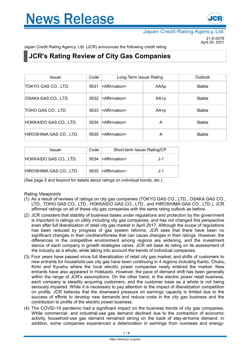 JCR's Rating Review of City Gas Companies