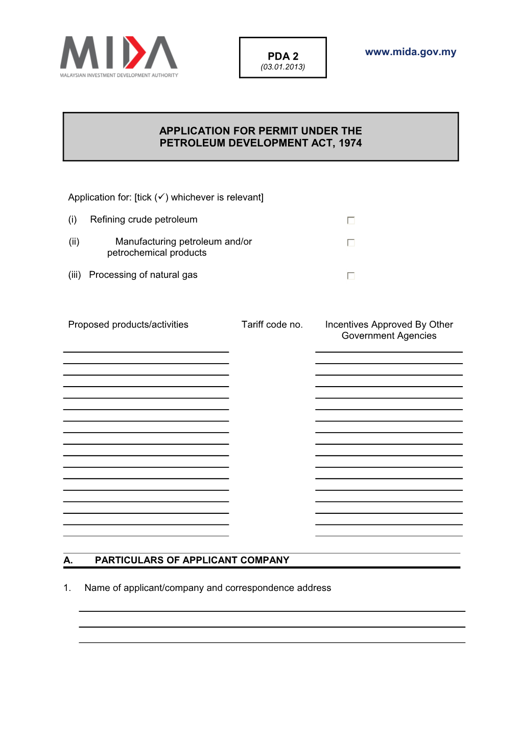 Application for Incentives