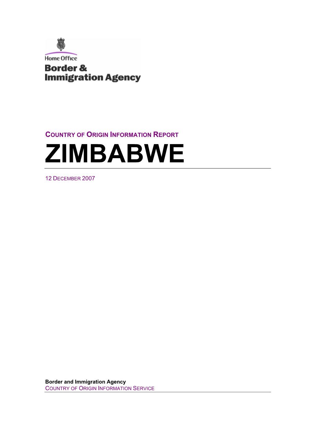 Country of Origin Information Report Zimbabwe December 2007
