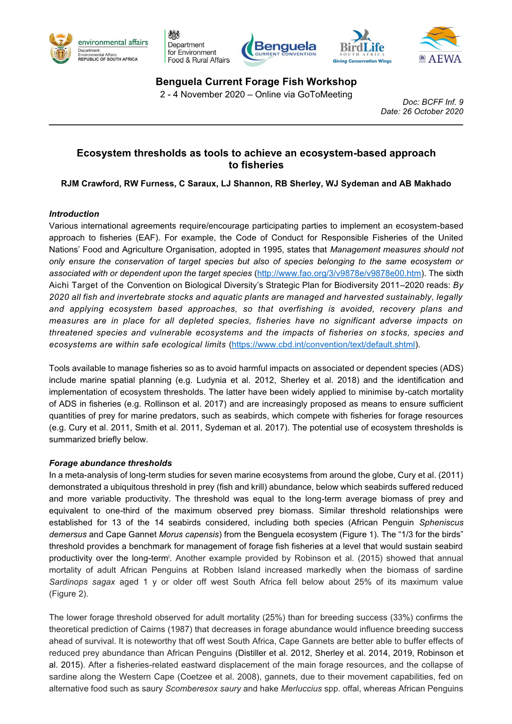 Benguela Current Forage Fish Workshop Ecosystem Thresholds As