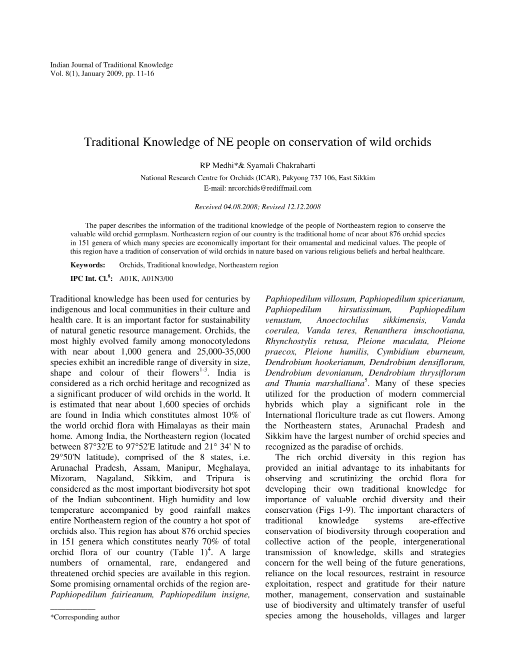 Traditional Knowledge of NE People on Conservation of Wild Orchids