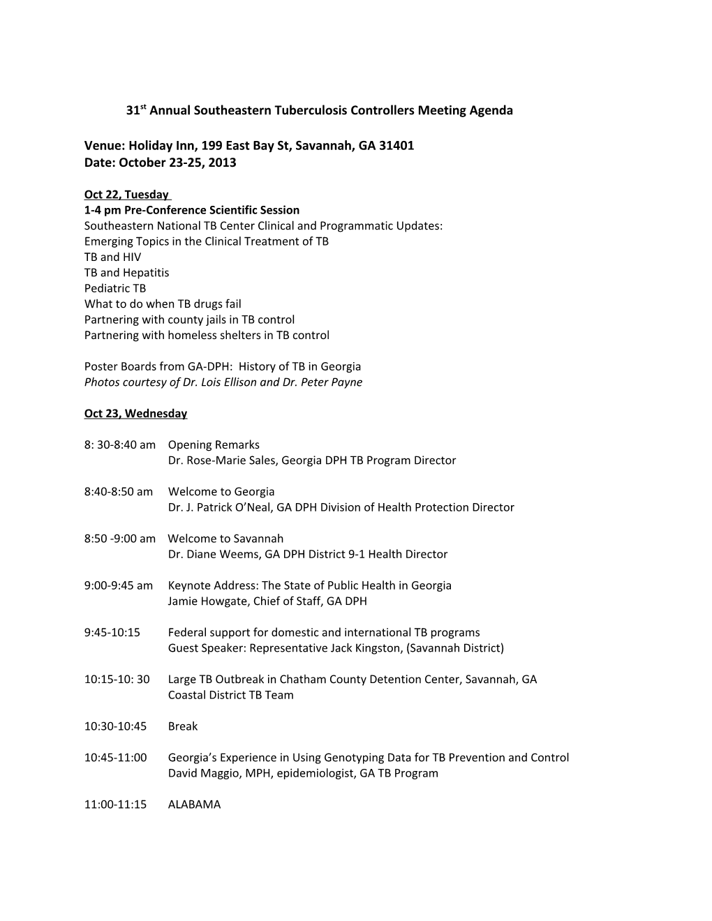 31St Annual Southeastern Tuberculosis Controllers Meeting Agenda