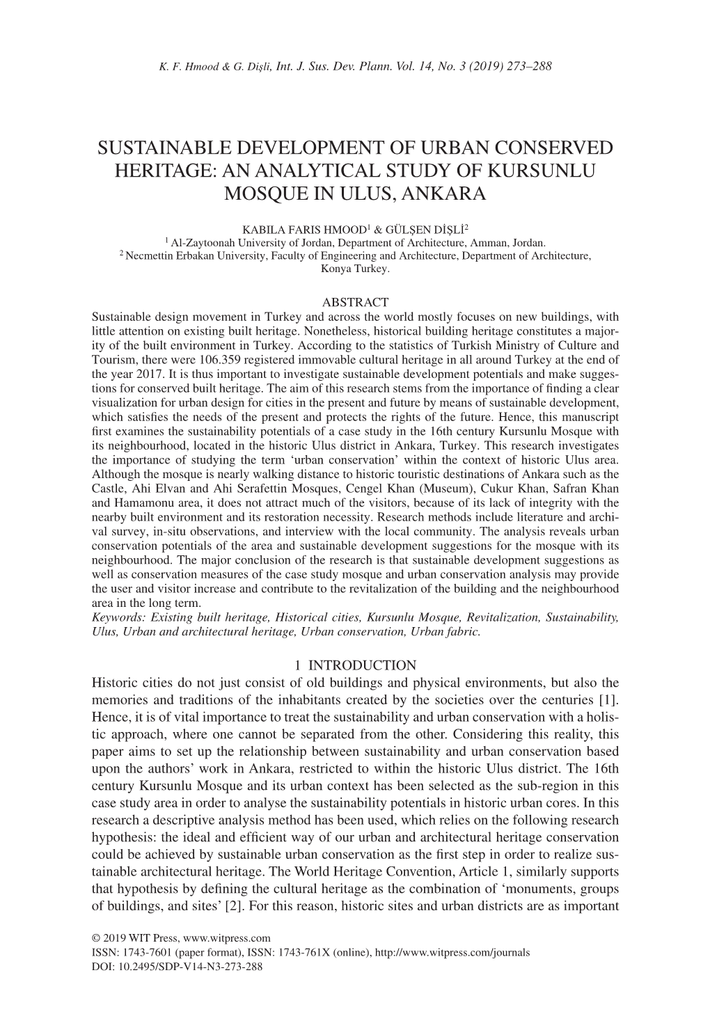 Sustainable Development of Urban Conserved Heritage: an Analytical Study of Kursunlu Mosque in Ulus, Ankara