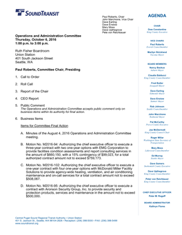 AGENDA John Marchione, Vice Chair Dave Earling Dave Enslow CHAIR Mary Moss Dave Upthegrove Dow Constantine Pete Von Reichbauer King County Executive