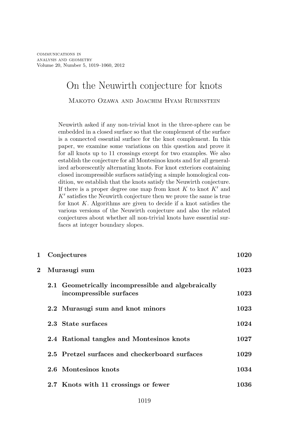 On the Neuwirth Conjecture for Knots